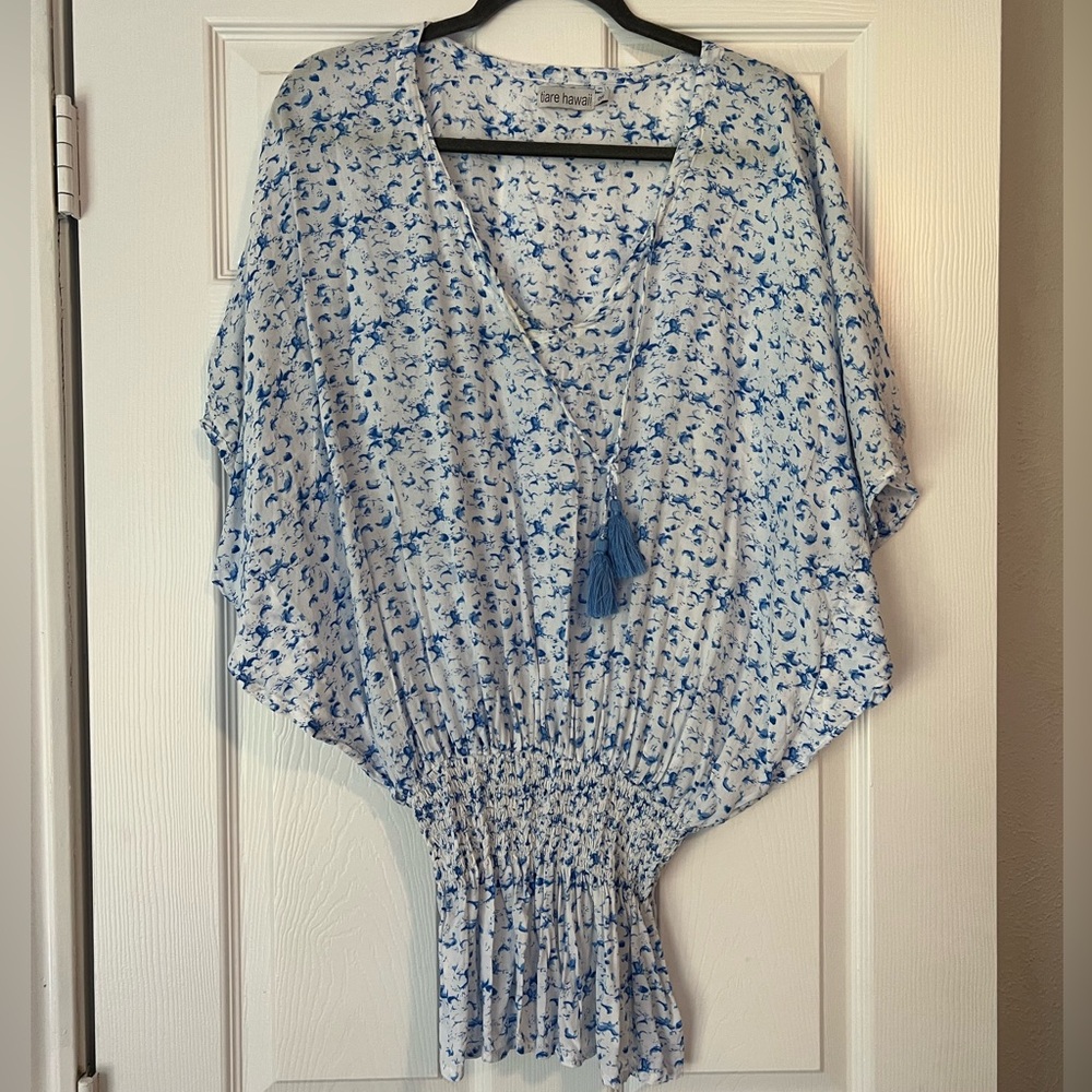 Tiare Hawaii Blue and White Floral Blouse/Coverup